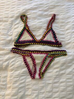 KIINI White Bikini with Pink, Yellow & Green Crochet Trim